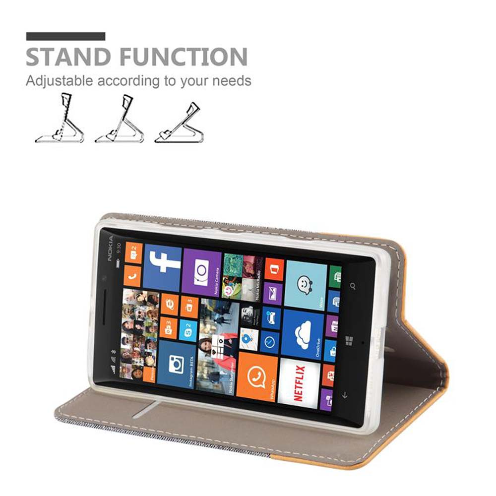 Téléphone dans un étui ouvert sur pied. La fonction support est montrée avec des schémas. L'écran du téléphone affiche des applications.