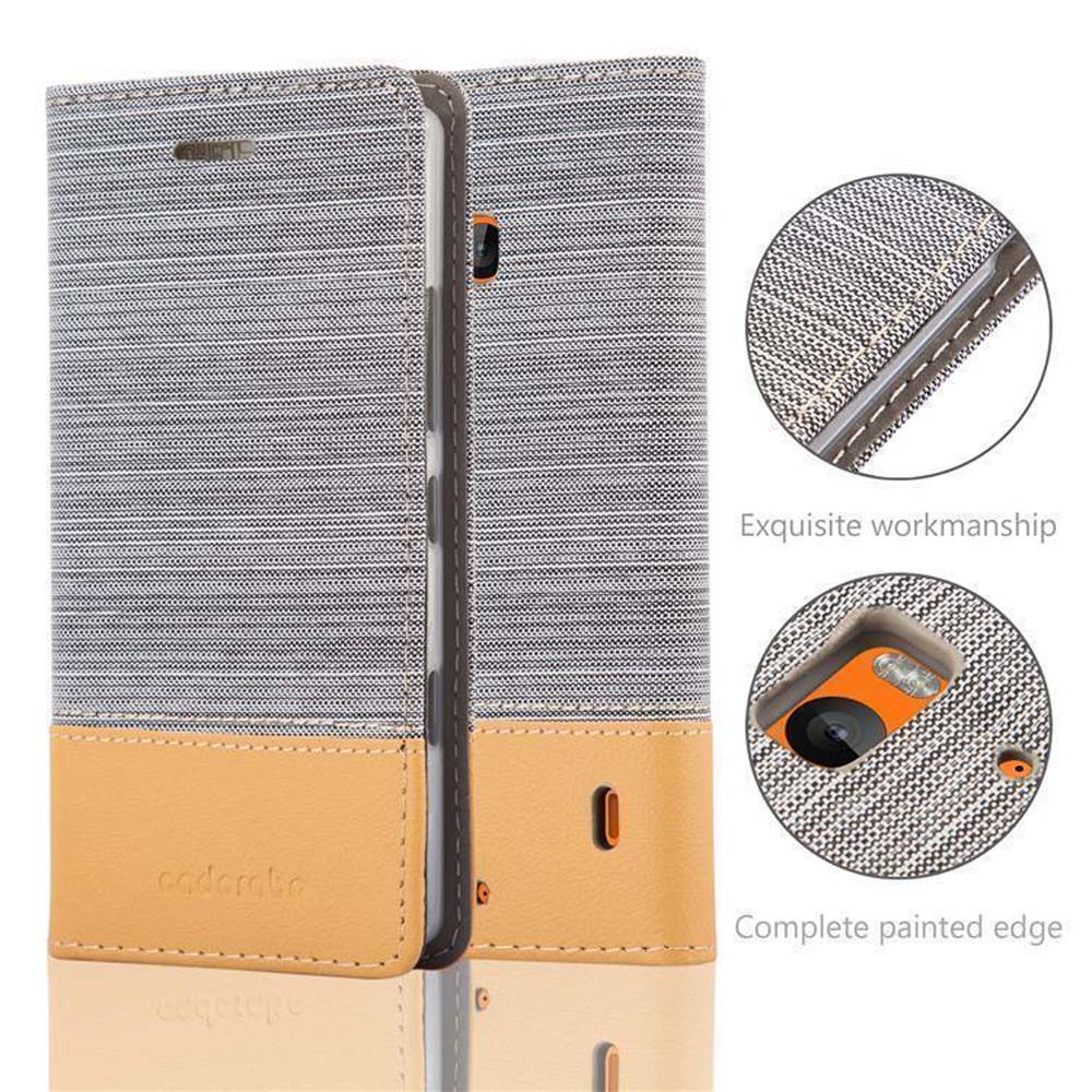 Étui de téléphone gris et beige, avec gros plan sur la texture et un cercle montrant les caractéristiques du téléphone.