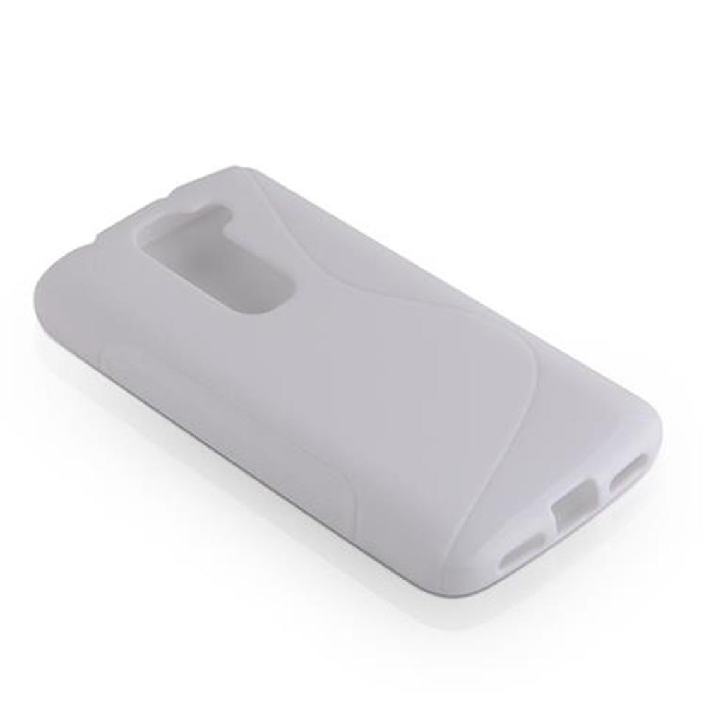 Custodia per telefono bianca, trasparente, con fori per fotocamera e porte. Vista angolata su sfondo bianco.