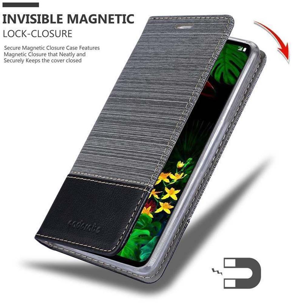 Custodia del telefono aperta, che mostra il telefono all'interno. Chiusura magnetica invisibile.