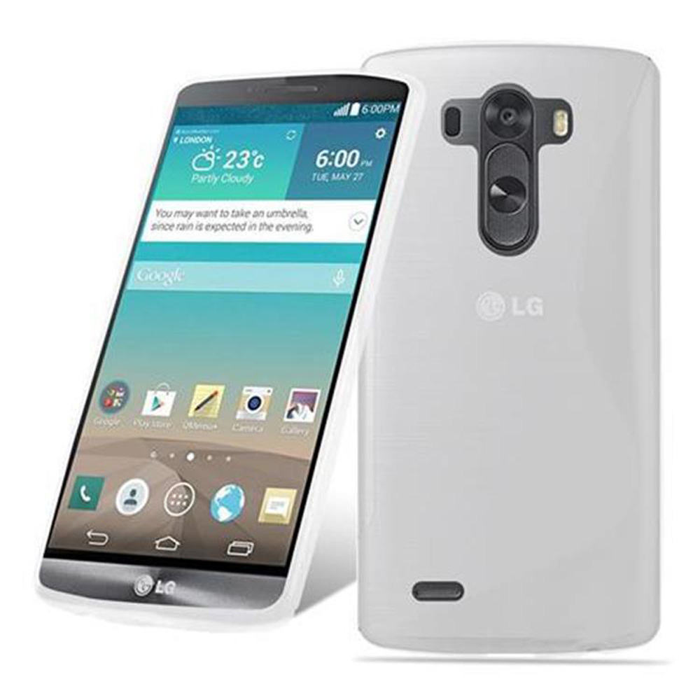 Smartphone LG, funda blanca, muestra información del tiempo. Otra funda blanca a la derecha.