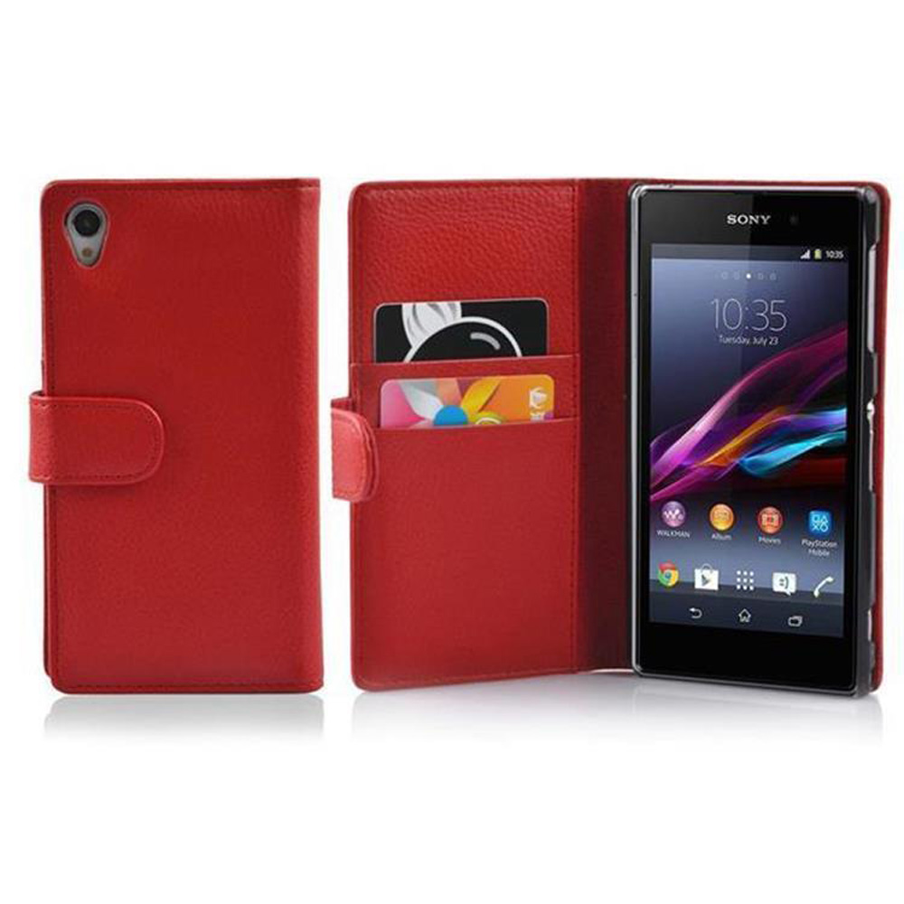 Funda roja abierta con teléfono dentro. Tarjetas de crédito y pantalla visibles.