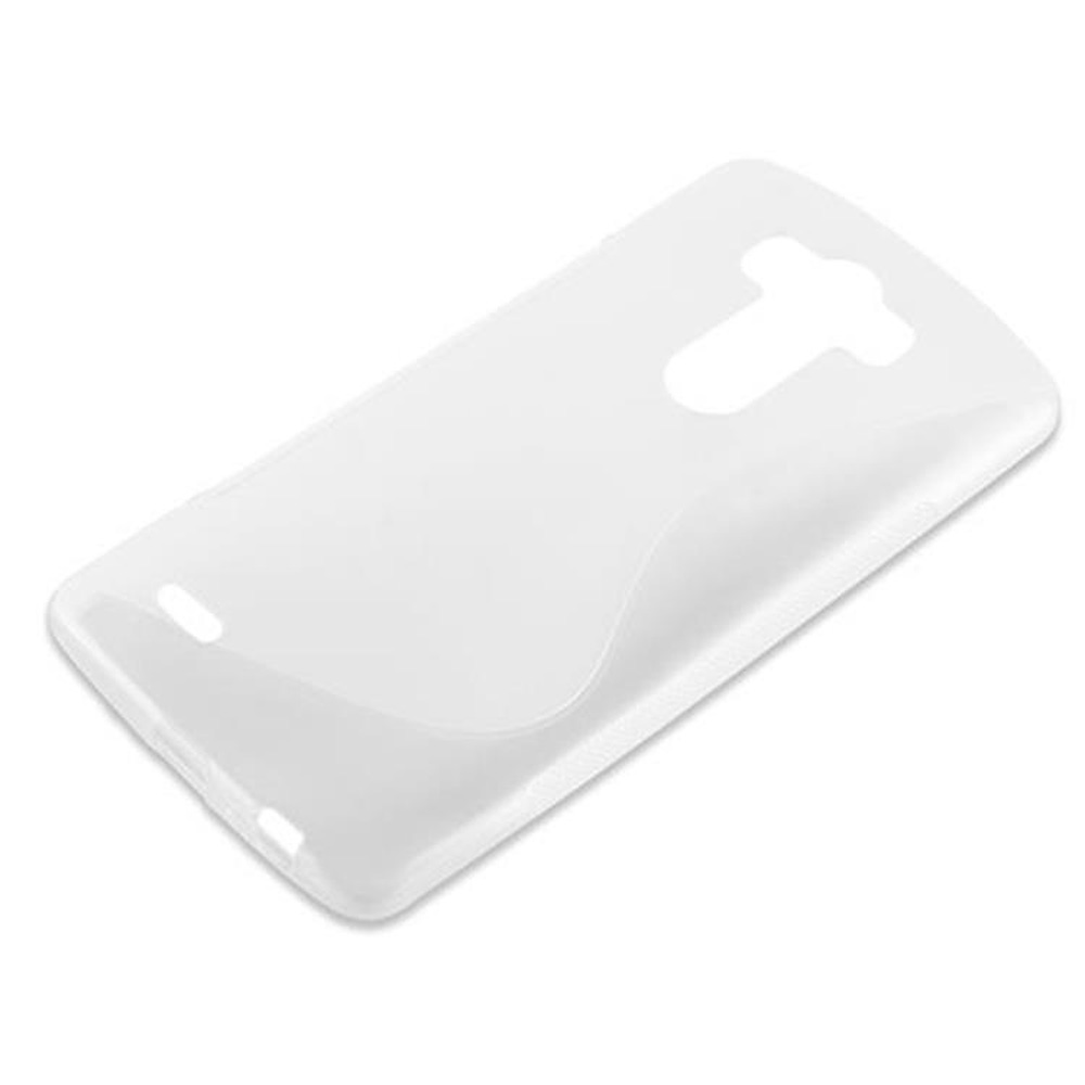 Funda de teléfono blanca y transparente, con un recorte en forma de T para la cámara. Sobre fondo blanco.