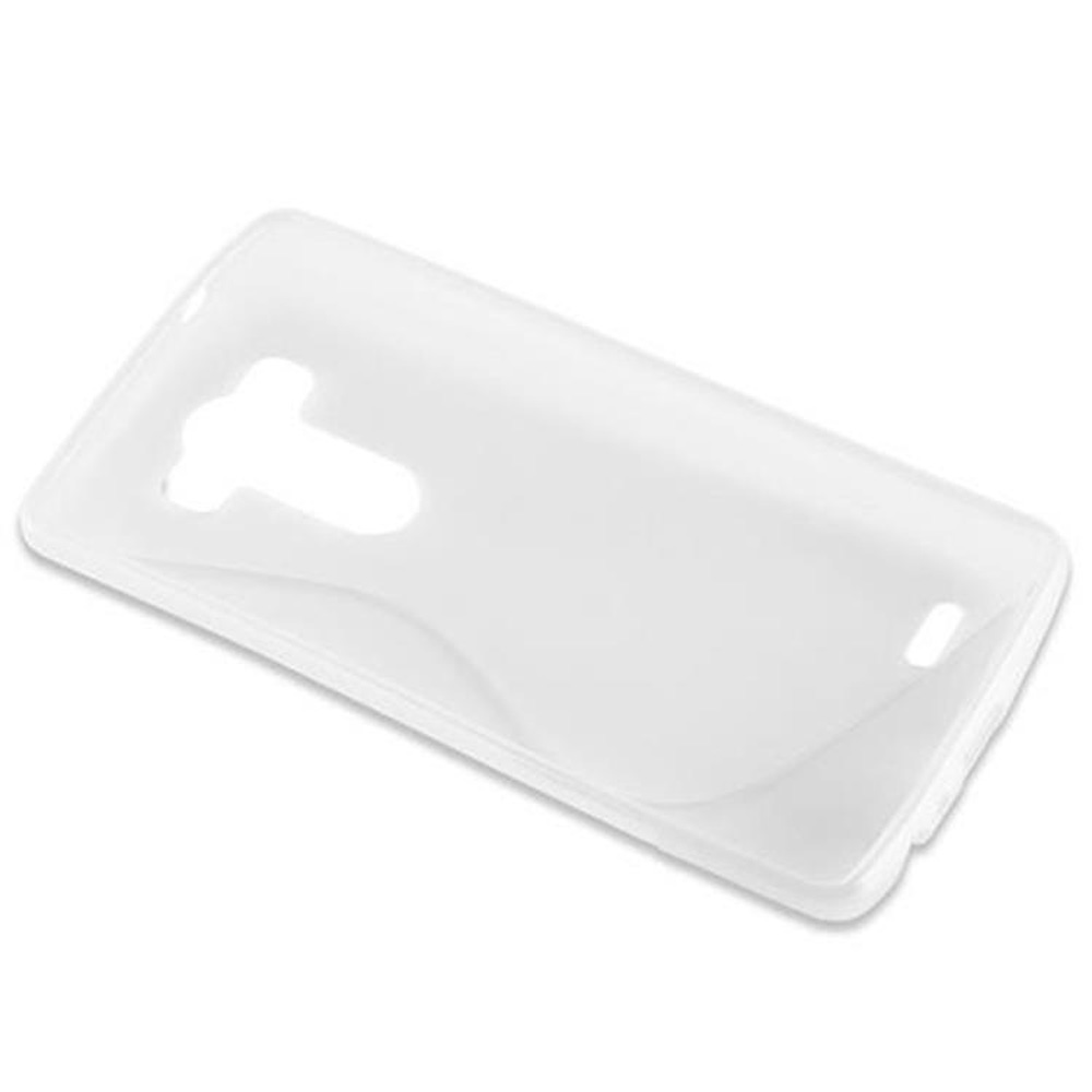 Una funda de teléfono clara y transparente sobre una superficie blanca, en ángulo para mostrar su forma.
