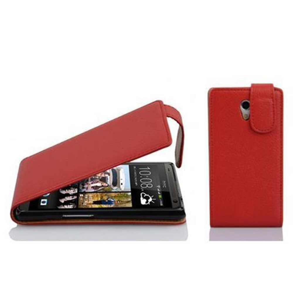 Custodia rossa per telefono con coperchio aperto. Telefono all'interno. Il telefono è su un supporto con interno rosso.