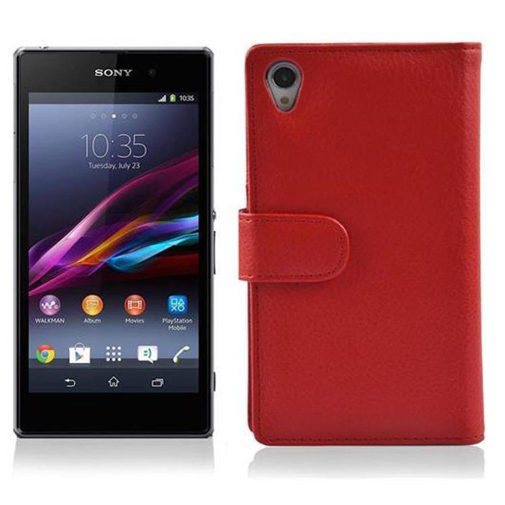 Teléfono Sony negro y una funda de cuero roja. El teléfono muestra la hora e iconos.