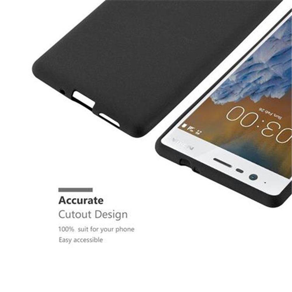 Custodia per telefono nera con un telefono e l'ora 03:00. Testo: 'Accurate Cutout Design'.