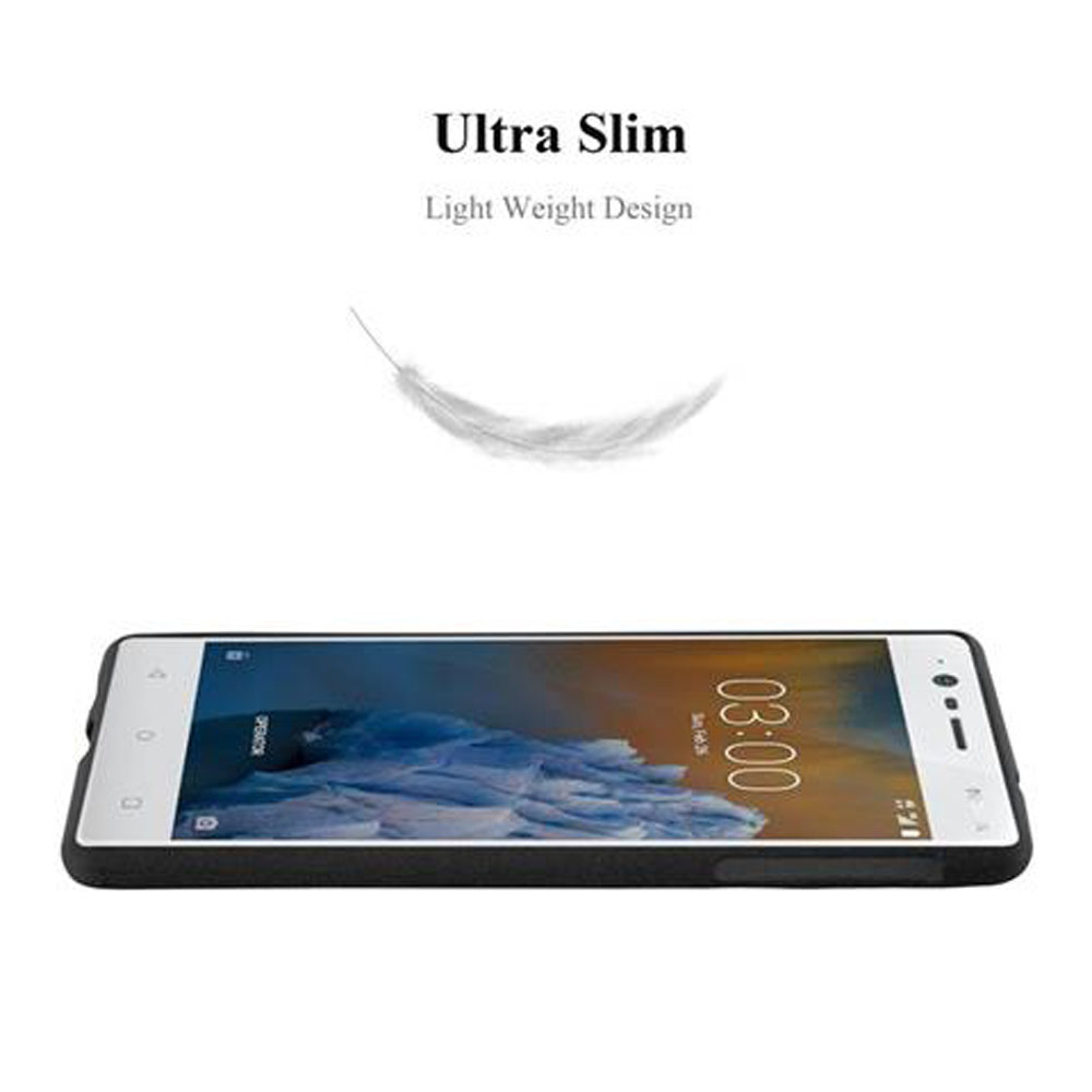Un telefono in una custodia nera su una superficie bianca. Testo: Ultra Slim, Design leggero.