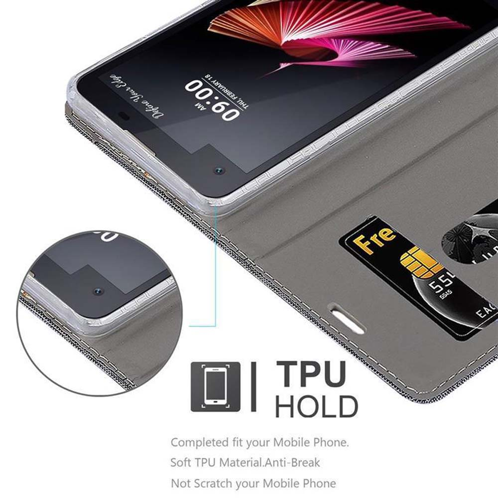 Telefono in una custodia a libro grigia. Mostra una carta di credito e lo schermo del telefono. Testo: TPU HOLD.