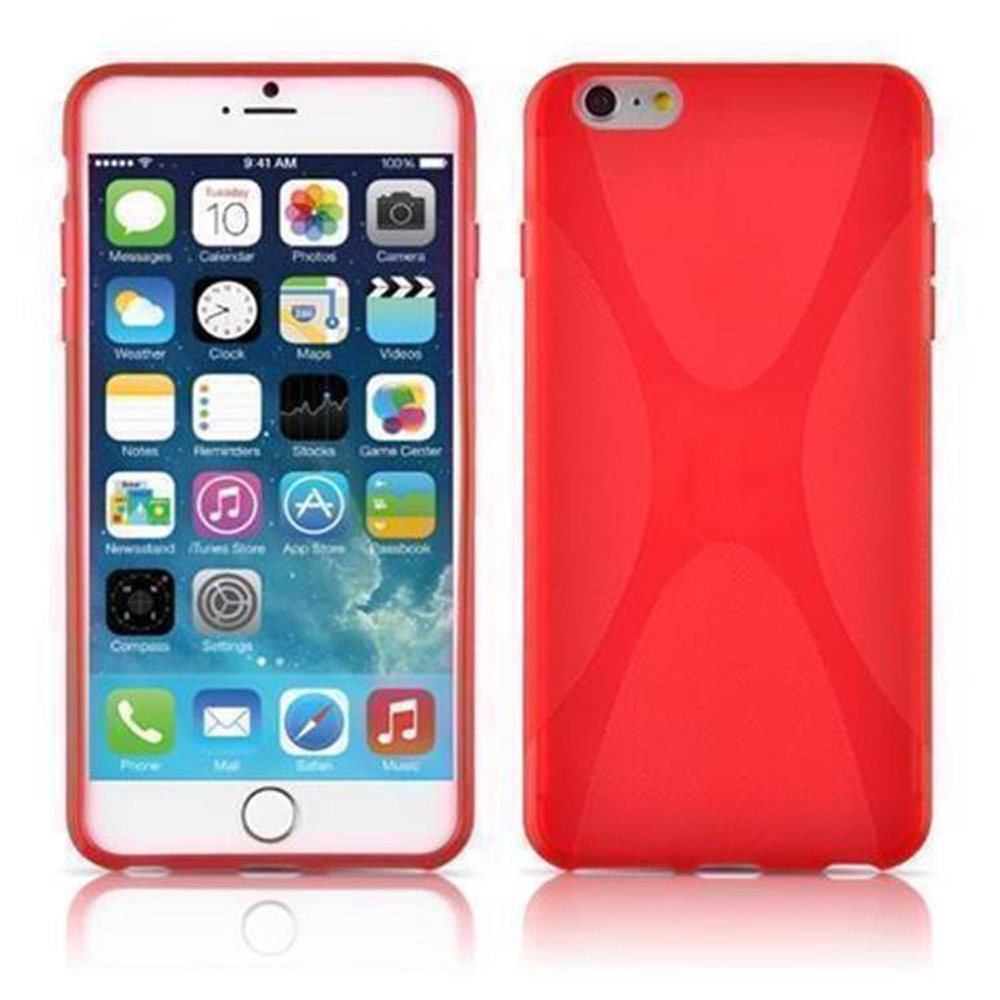 Un iPhone rosso con una custodia rossa sul retro, lo schermo mostra le app.