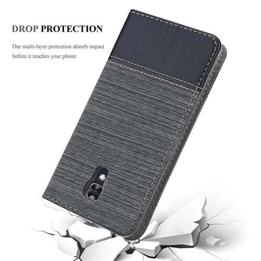 Custodia per telefono con un design grigio e nero. Il testo è 'Drop Protection'.