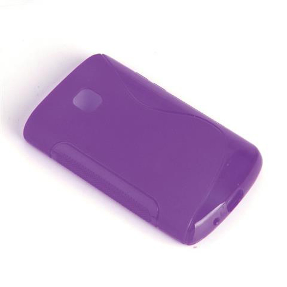Custodia per telefono viola, bordi curvi, su sfondo bianco.