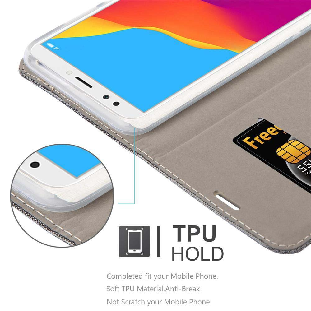 Un telefono in una custodia grigia TPU è mostrato, mostrando lo schermo. Una carta a destra.