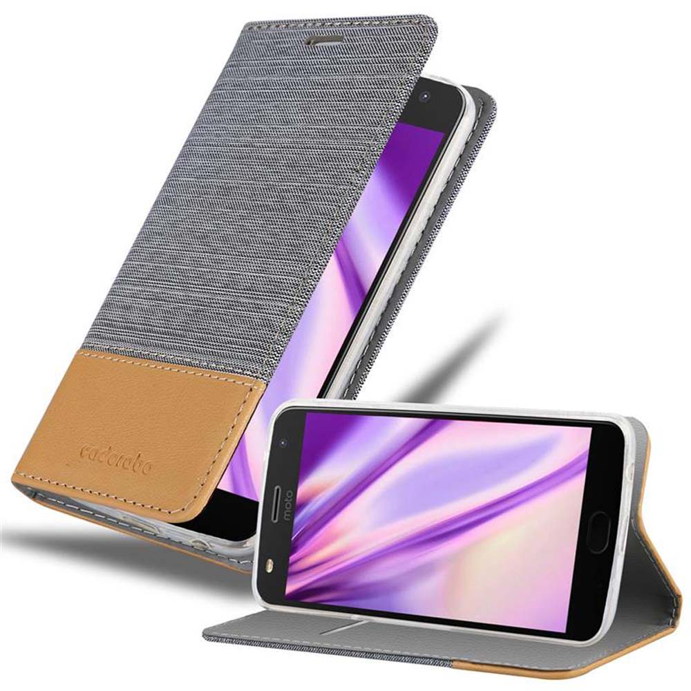 Custodia per telefono, grigia e marrone. Una aperta, una chiusa, con un telefono dentro.