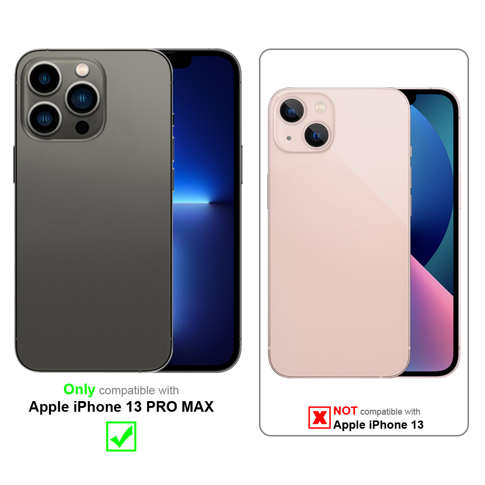 Vergleich von zwei Telefonen: eines grau und eines rosa. Text: Nur kompatibel mit Apple iPhone 13 PRO MAX.