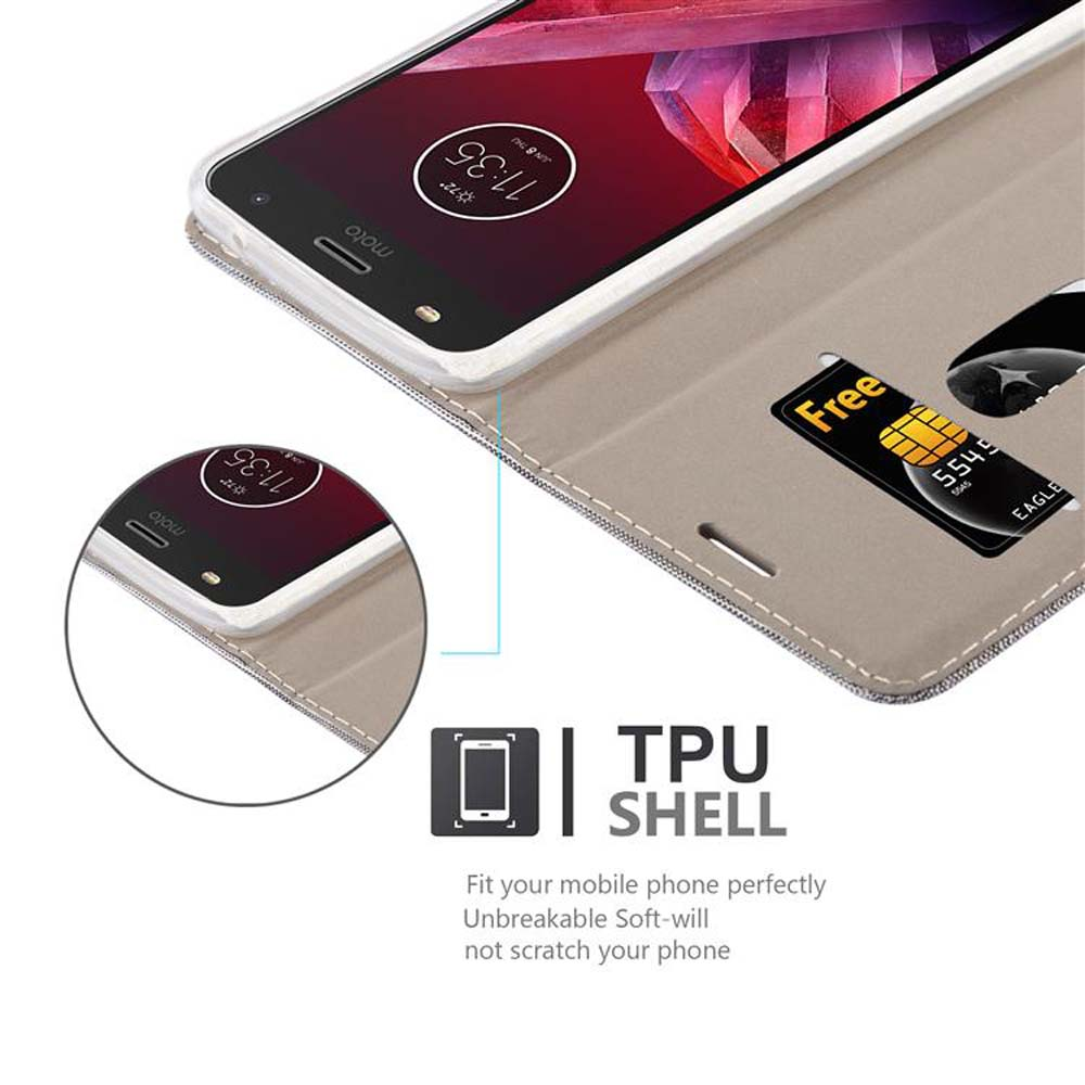 Telefono in custodia beige con carta di credito, con la scritta 'TPU SHELL'.