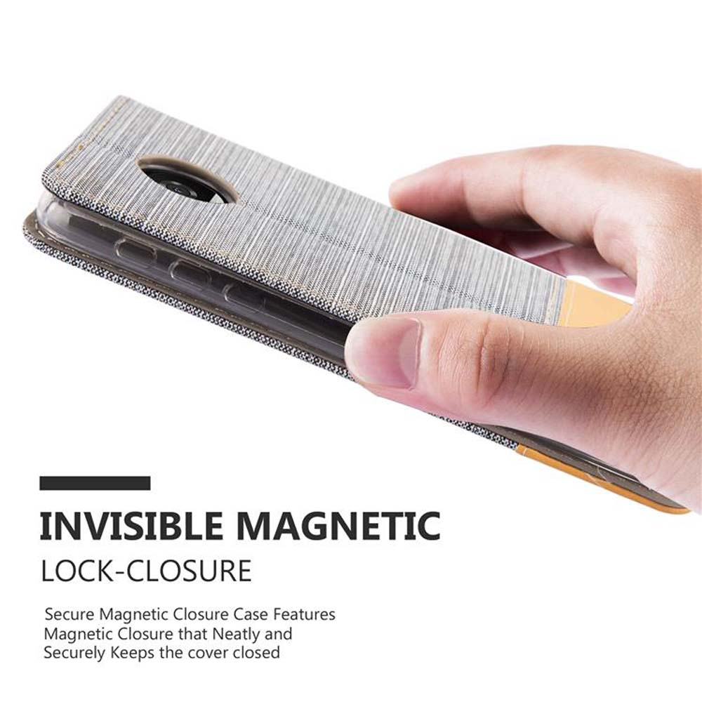 Mano che tiene una custodia per telefono. Testo 'Invisible Magnetic Lock-Closure' e dettagli.