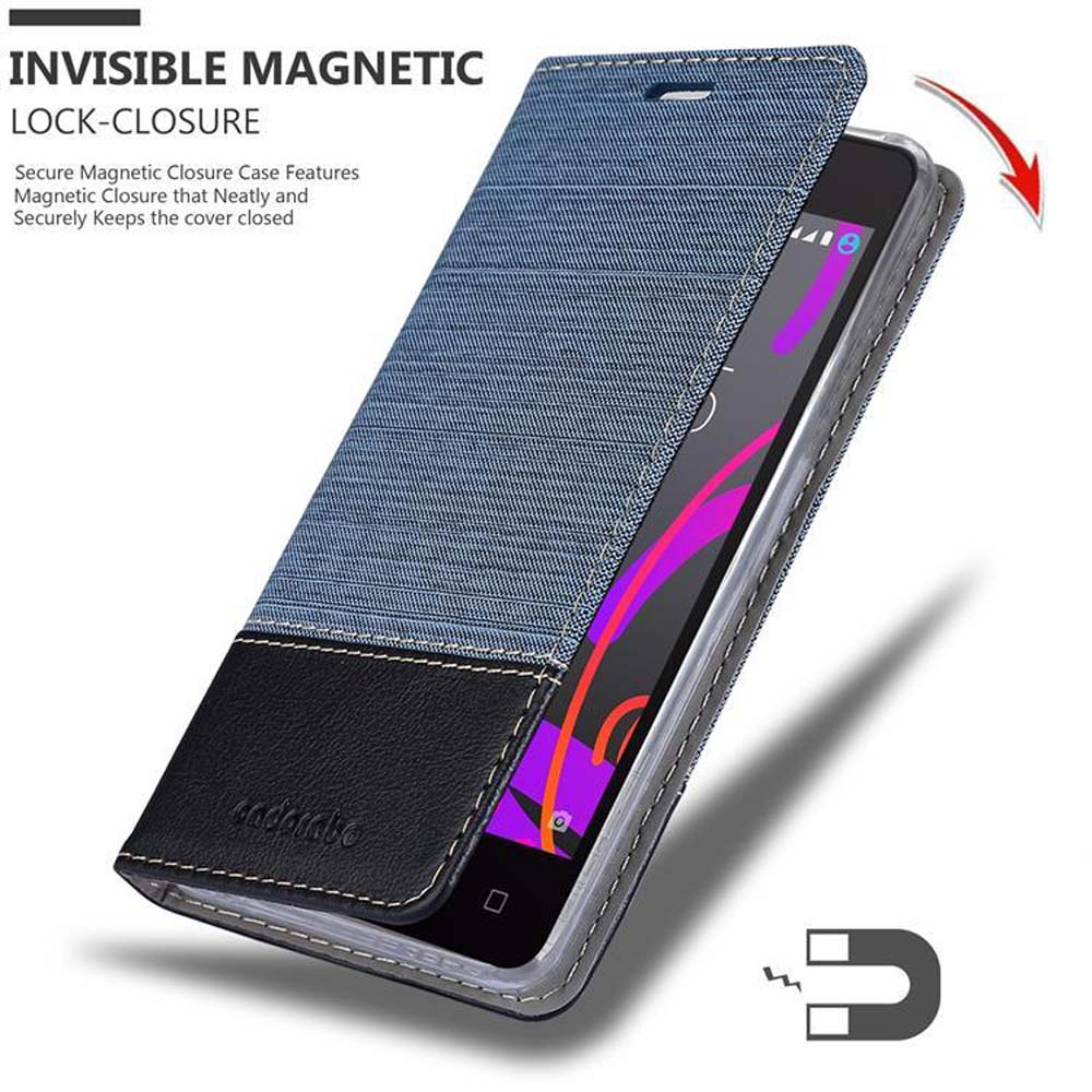 Funda de teléfono de mezclilla azul abierta, teléfono dentro. La pantalla tiene un diseño morado.