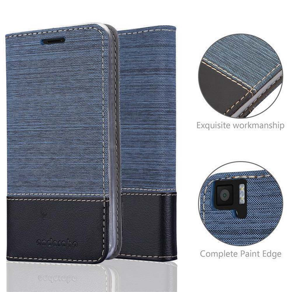 Funda azul para teléfono con teléfono dentro. Detalles incluyen mano de obra exquisita y borde.