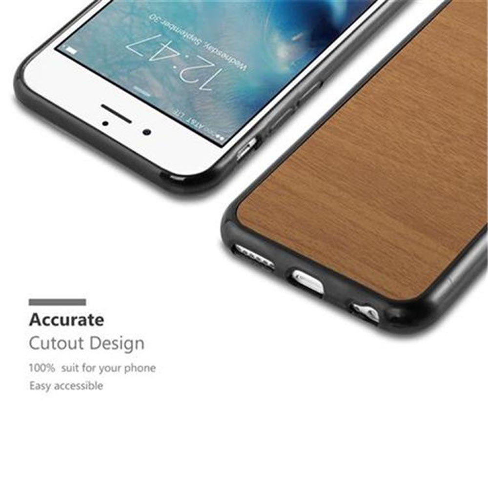 Telefono in custodia con texture di legno e design ritagliato accurato. Schermo visibile.