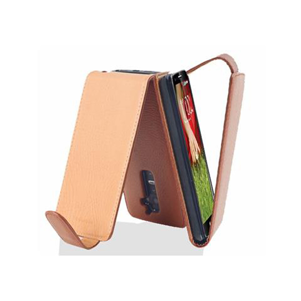 Una funda de cuero color canela abierta, sosteniendo un teléfono. La pantalla muestra una imagen.