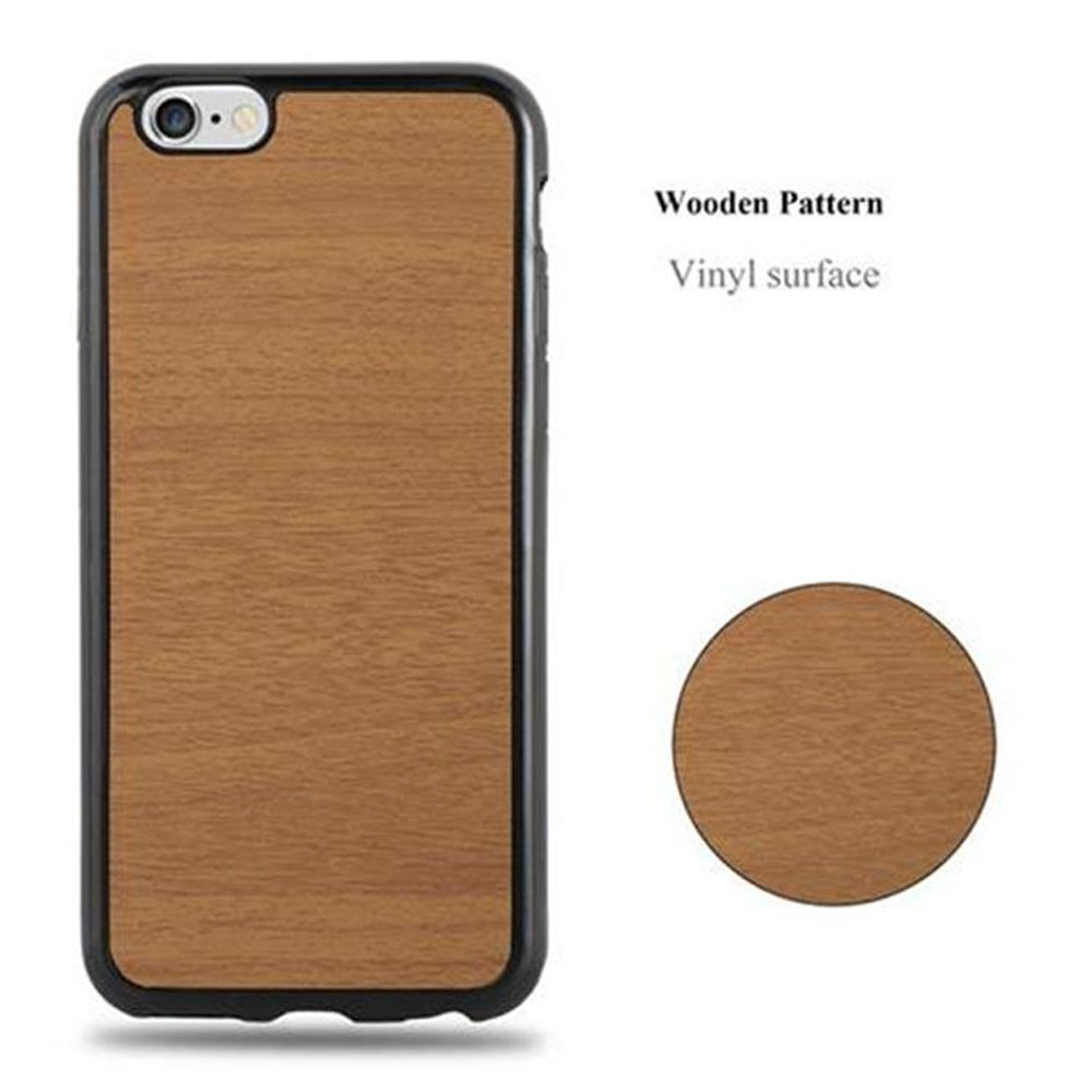 Una custodia per telefono con un design a venature del legno. Testo: 'Motivo legno Superficie vinilica'. Campione rotondo.