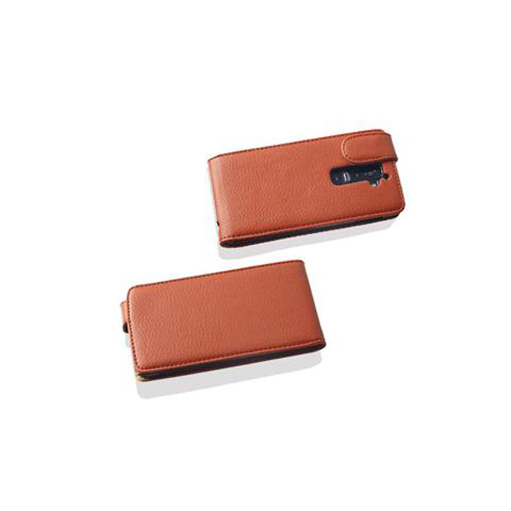 Dos fundas marrones para teléfono con el mismo diseño, una cerrada y otra abierta.