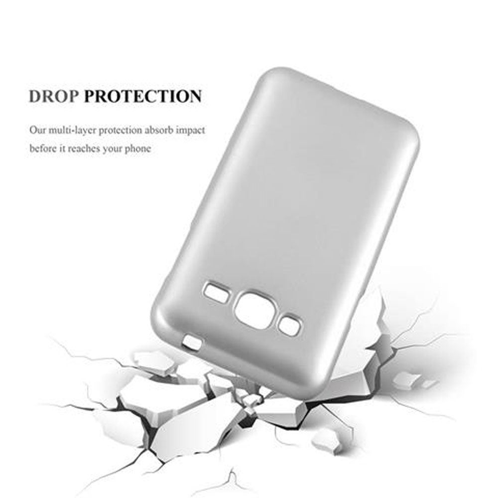 Una funda de teléfono de color plateado, con las palabras 'Drop Protection'. La funda rompe una superficie blanca.
