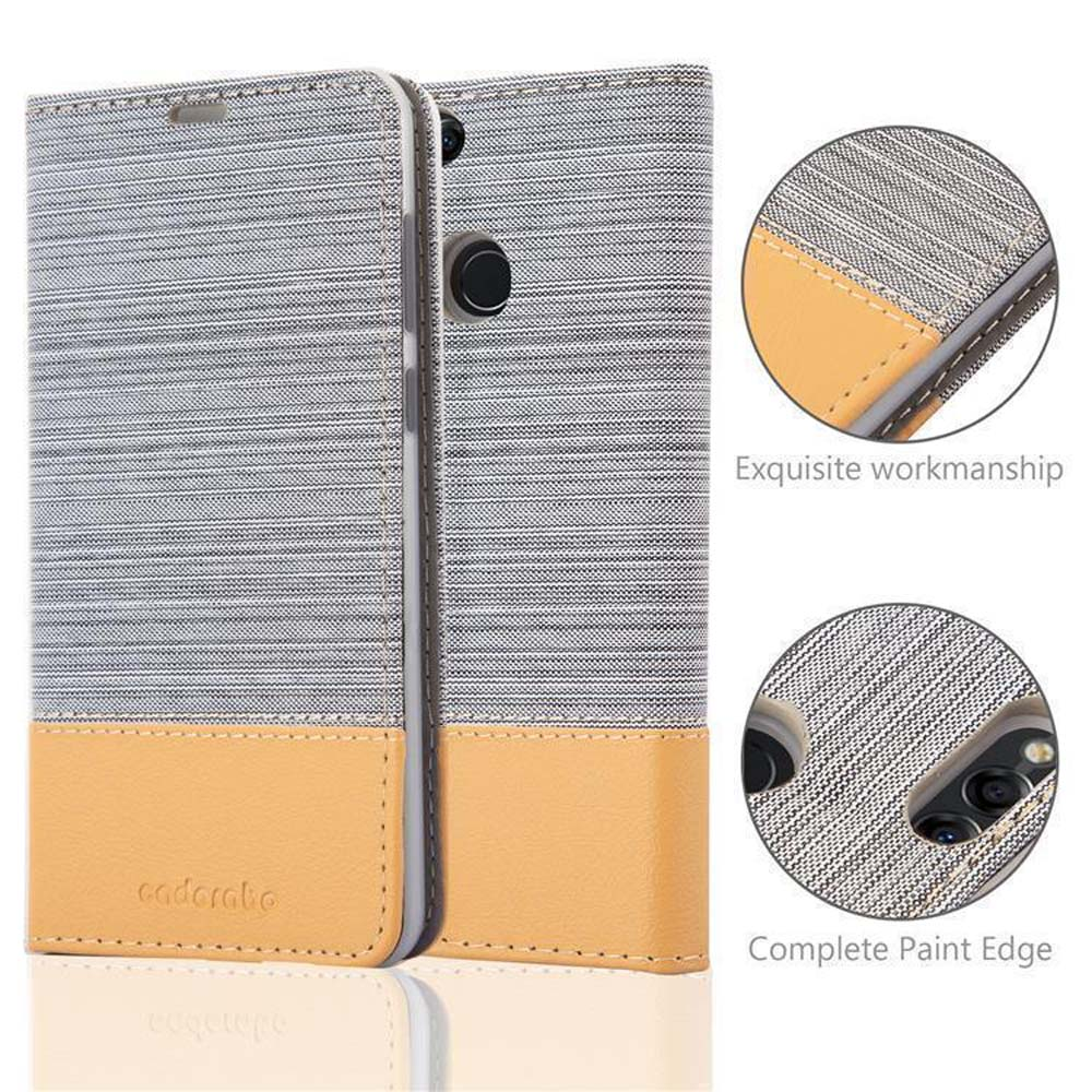 Una custodia grigia per telefono con una cover in tessuto grigio e marrone chiaro. I dettagli mostrano una lavorazione squisita e un bordo verniciato.