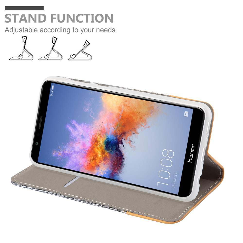 Smartphone in custodia reclinato, mostra lo schermo. Testo e diagrammi sopra.