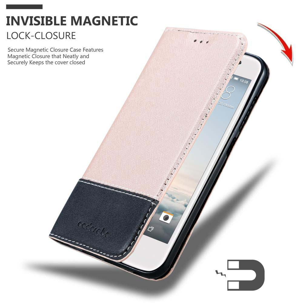 Custodia per telefono con schema di colori rosa e nero. La custodia è aperta, rivelando il telefono. Testo: CHIUSURA MAGNETICA INVISIBILE.
