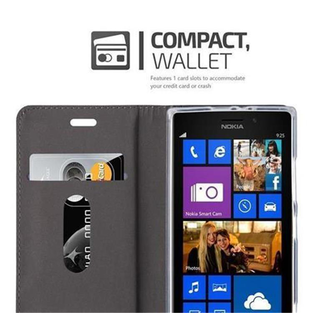 Custodia per telefono con uno slot per schede e carta di credito. Il testo dice 'Compatto, Portafoglio' e una descrizione. Il telefono è Nokia.