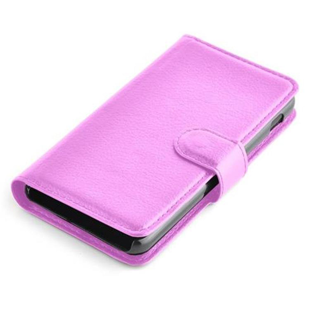 Custodia per telefono in pelle rosa, chiusa. Ha una chiusura a linguetta.