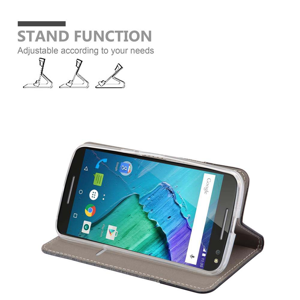 Telefono all'interno di una custodia grigia, appoggiato ad angolo. Testo: Funzione stand, regolabile in base alle tue esigenze.
