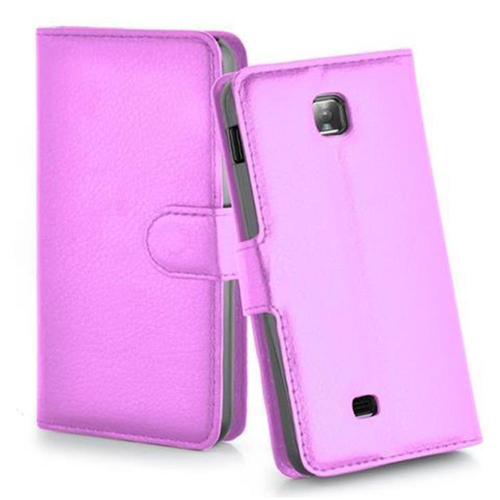 Custodia per telefono rosa, aperta e chiusa. La custodia ha una chiusura a bottone.