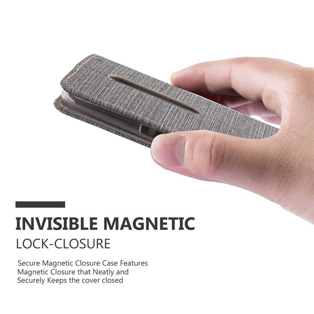 Mano che tiene una custodia per telefono. Testo: INVISIBLE MAGNETIC LOCK-CLOSURE. Chiusura magnetica.