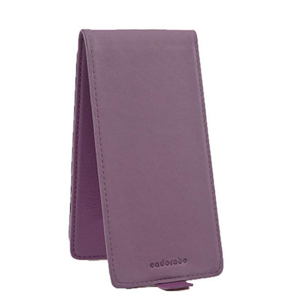 Custodia viola per telefono, aperta. Testo 'cadorabo' in basso. Sfondo bianco.