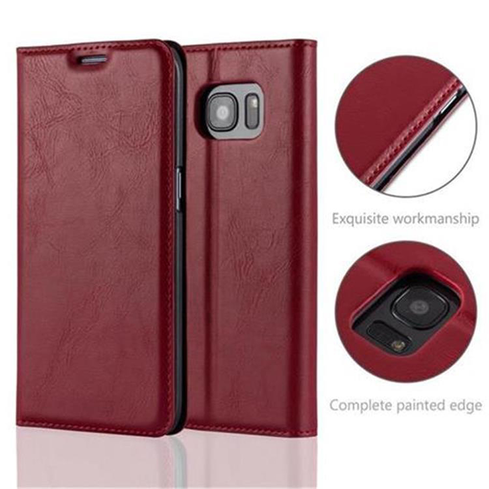 Rote Handyhülle offen, Telefon zeigend. Details: exquisite Verarbeitung, komplett lackierte Kante.