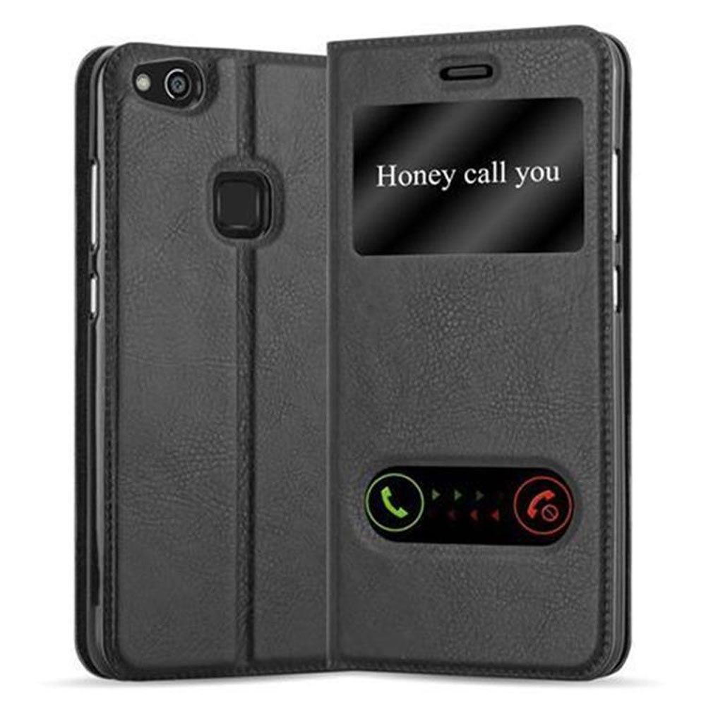 Una custodia per telefono nera, aperta. Il telefono mostra una schermata di chiamata con il testo "Honey call you".
