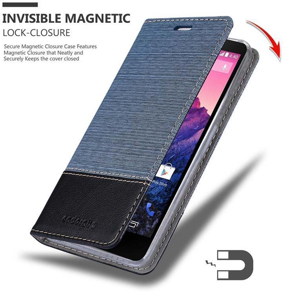 Telefono in una custodia in denim e pelle nera, aperto. Lo schermo del telefono è visibile.