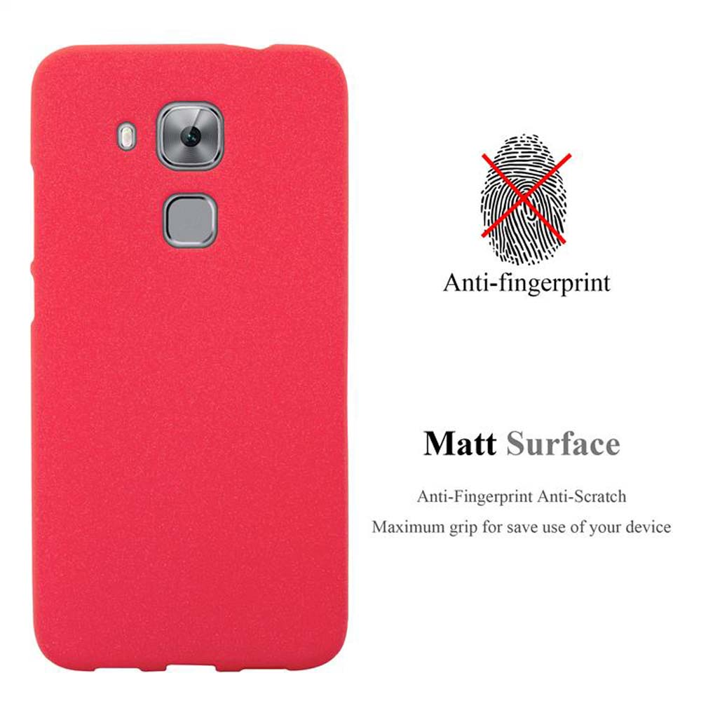 Custodia rossa per telefono. Il telefono ha una fotocamera e un sensore di impronte. Impronta cancellata.