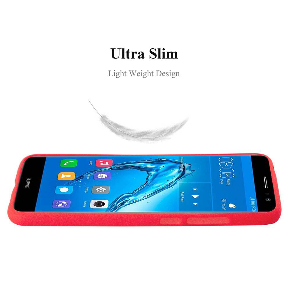 Telefono rosso con schermo acceso. Mostra app e ora. Sfondo: piuma che cade.