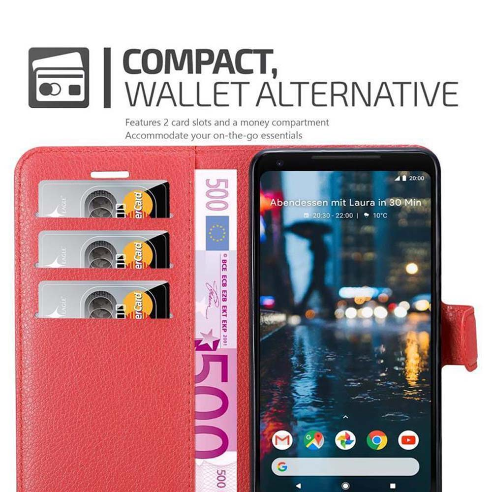 Rote Handyhülle mit Telefon, Karten und Geld. Der Bildschirm ist sichtbar.