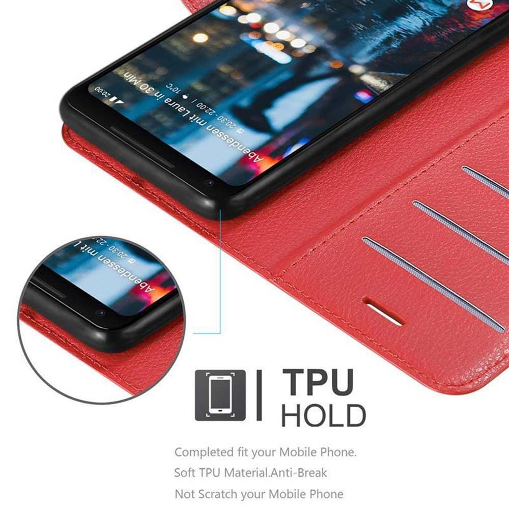 Rote Handyhülle mit Telefon darin. Text: TPU-Halterung. Schwarzes Telefon, rote Hülle. Roter Hintergrund.