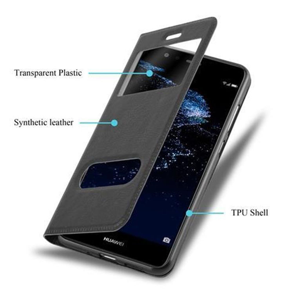 Un telefono in una custodia. Il coperchio è aperto, mostrando lo schermo del telefono. Viene mostrato un magnete.