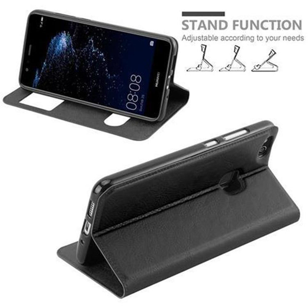 Telefono nero in custodia nera. La custodia consente la funzione stand. Il telefono mostra uno schermo Huawei con l'ora 08:08.