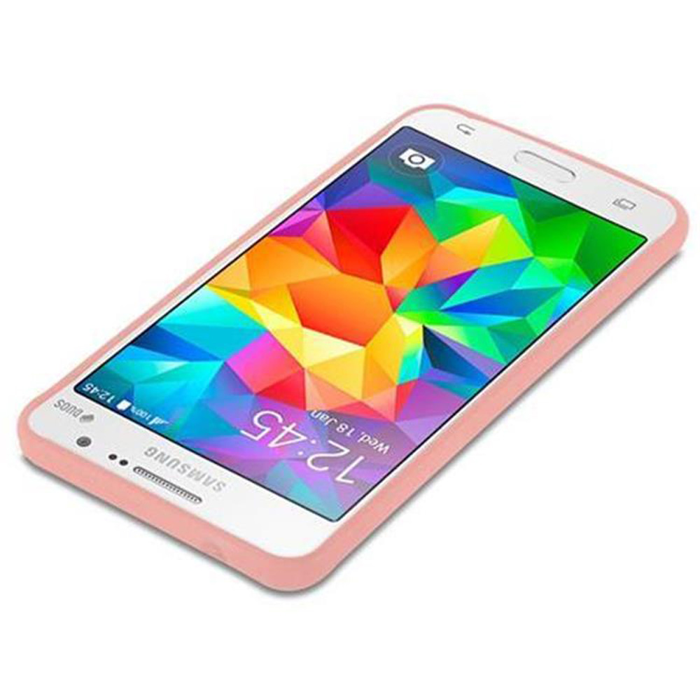 Uno smartphone con schermo colorato, in una custodia rosa.