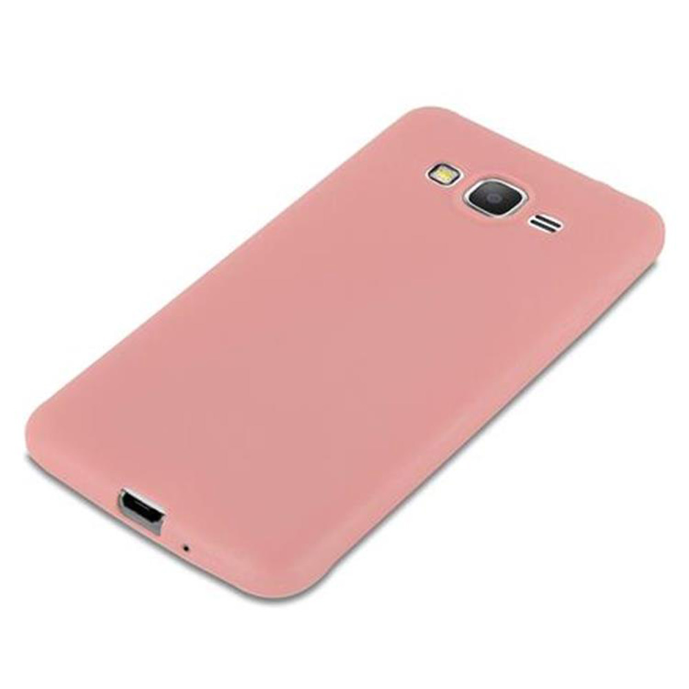 Custodia rosa per telefono. Forma rettangolare, ritagli per fotocamera e flash visibili.