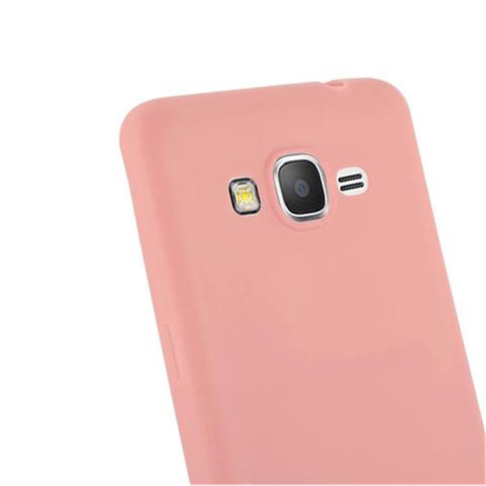 Un retro di custodia per telefono rosa. Ha ritagli per fotocamera e flash.