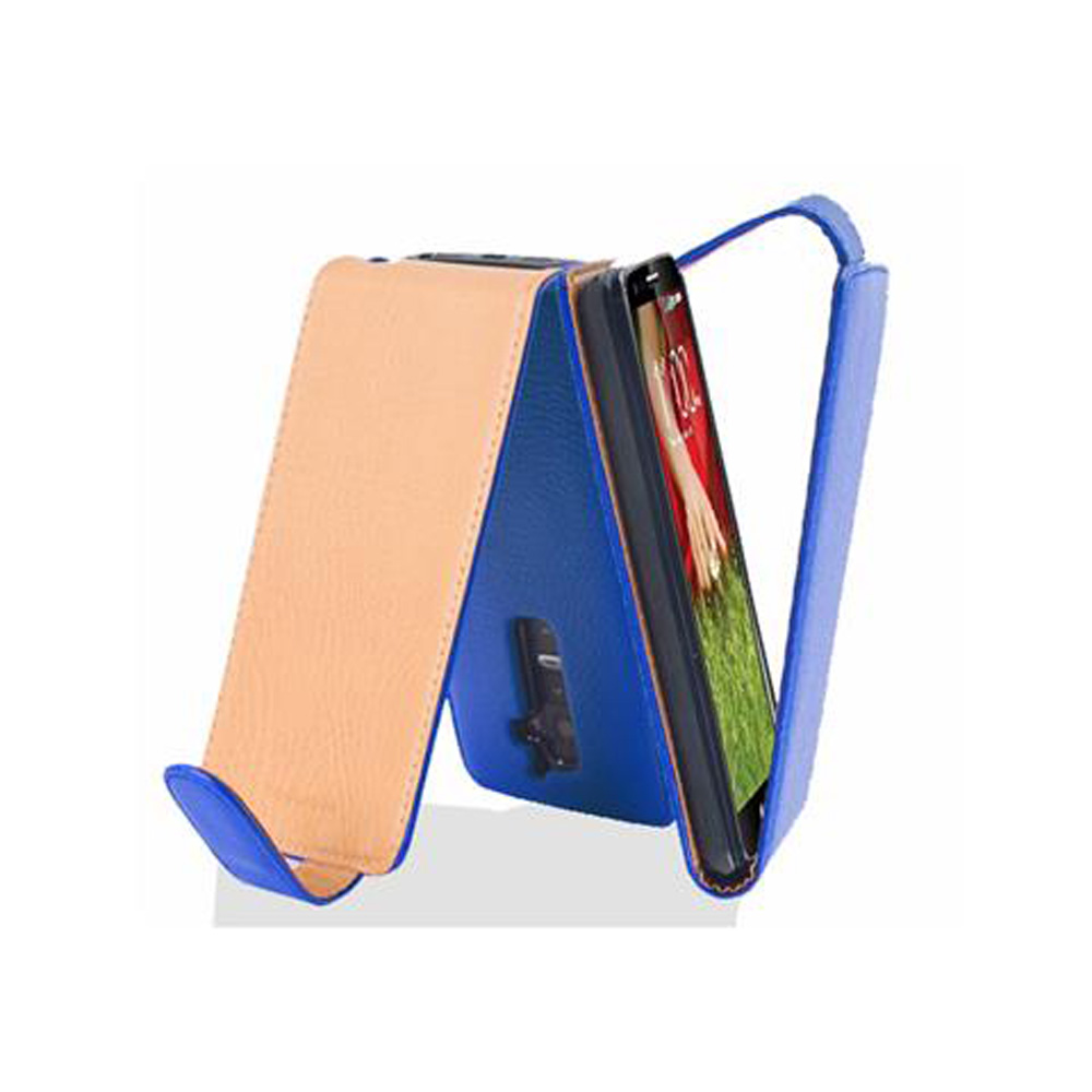 Un teléfono en una funda azul y beige, levantado. La pantalla muestra una imagen. Base azul.